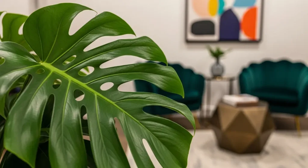 Close-up swiss cheese plant leaf with natural holes in chic reading nook with velvet armchair background