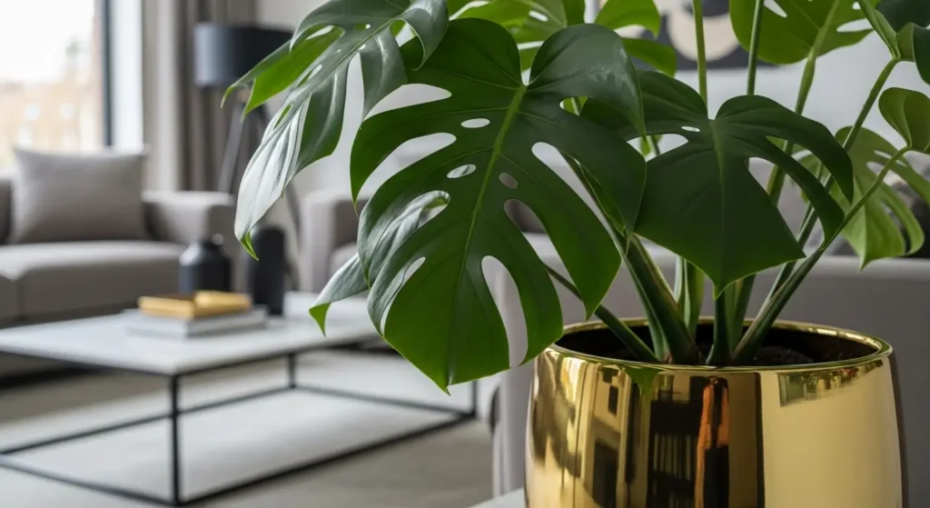 Swiss cheese plant in white ribbed planter as elegant dining room centerpiece with chandelier background