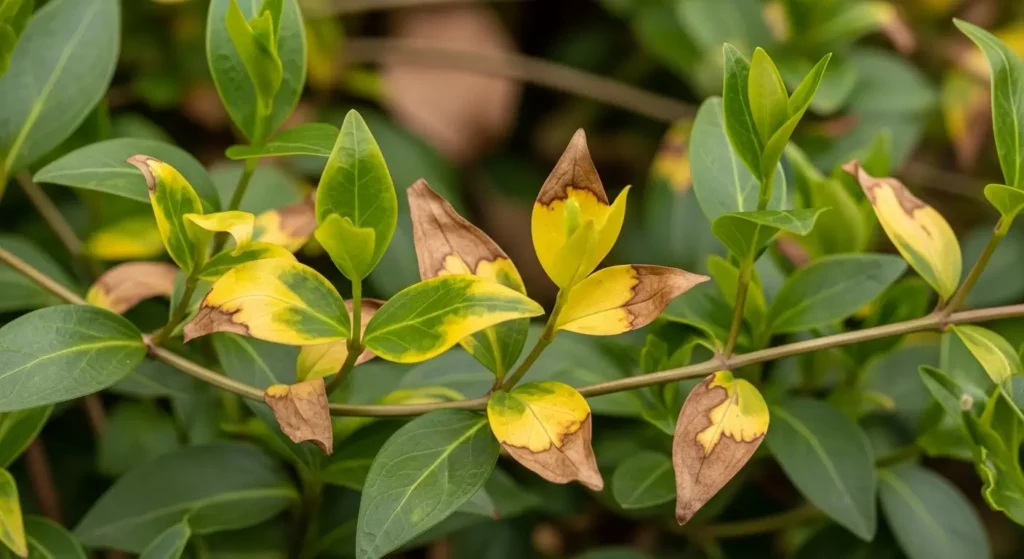 Vinca minor leaves turning yellow and browning at the edges, showing overwatering and nutrient deficiency symptoms