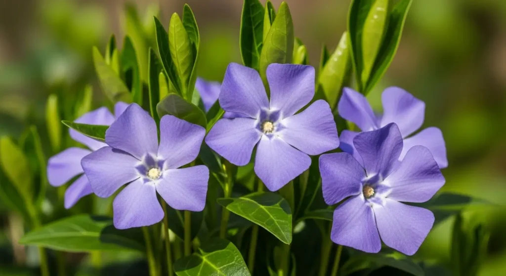 Close-up of creeping myrtle (Vinca minor) lavender-blue flowers with glossy green leaves in a spring garden