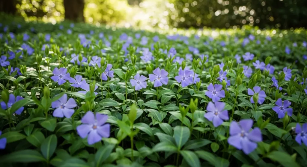 Creeping myrtle (Vinca minor) spreading across a shaded garden floor with lavender-blue flowers and glossy green leaves