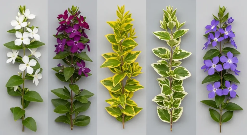 Different creeping myrtle (Vinca minor) varieties showing white, purple, and variegated cultivars side by side
