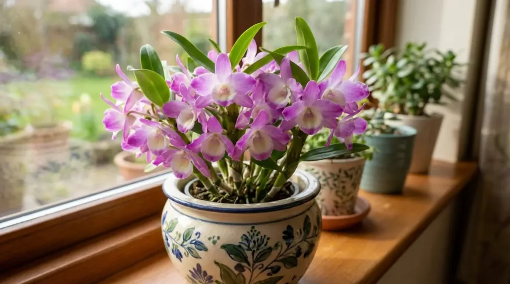 Dendrobium orchid care Hamana Lake Kumi variety with soft pink cascading blooms on a bright indoor windowsill