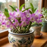 Dendrobium orchid care Hamana Lake Kumi variety with soft pink cascading blooms on a bright indoor windowsill