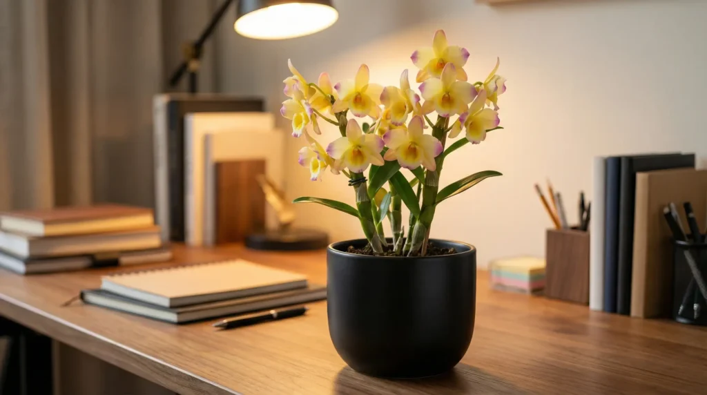 Dendrobium nobile orchid — yellow and purple blooms in a black pot on a wooden home office desk under warm lamp light