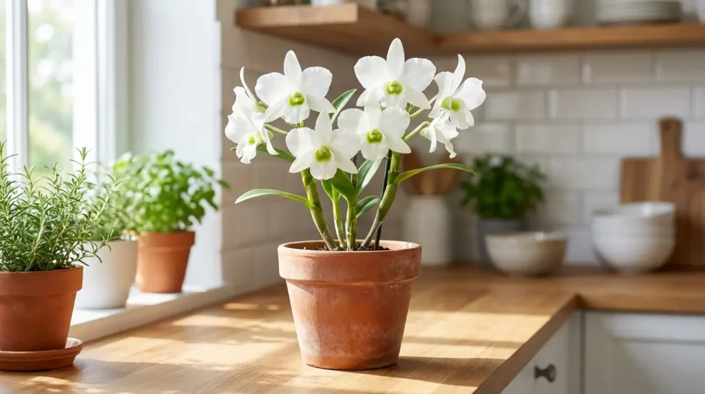 Dendrobium orchid care — sanderae luzonicum variety with white and pink blooms on a bright kitchen windowsill
