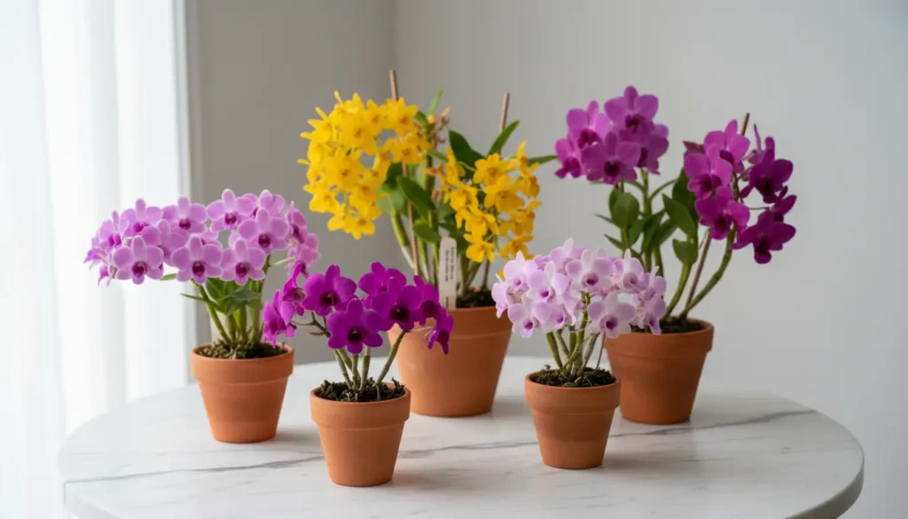 Five dendrobium orchid varieties in terracotta pots — nobile, phalaenopsis, aggregatum, kingianum and anosmum
