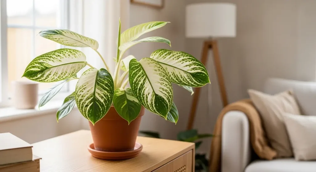 Large variegated tropical houseplant with cream and green leaves in a terracotta pot indoors