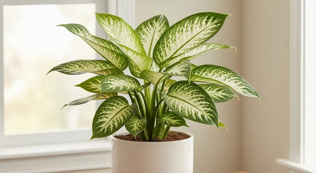 Healthy dumb cane plant in a white pot with variegated green and white leaves near a bright window
