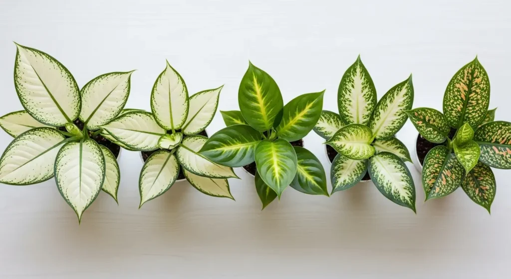 Different types of dumb cane plants in white pots showing variety of Dieffenbachia leaf patterns