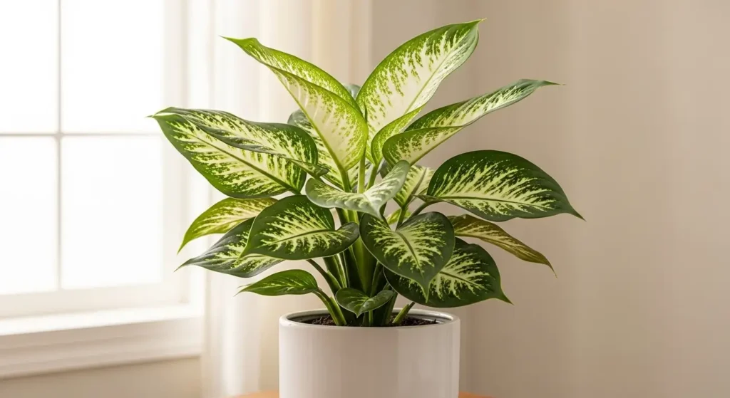 Lush dumb cane Dieffenbachia plant with variegated leaves on a shelf in a bright minimalist room