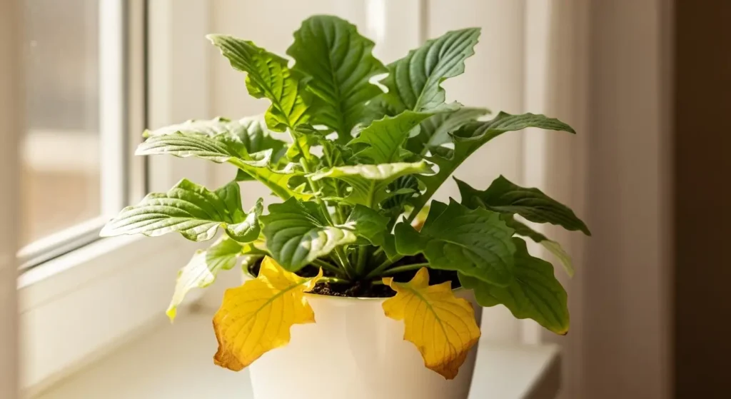 Close-up of yellowing leaves at the base of a potted plant on a bright indoor windowsill