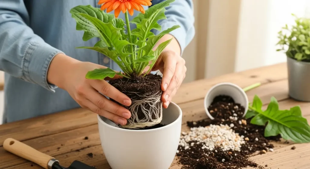 Hands repotting a gerbera daisy with visible roots into a larger white ceramic pot  gerbera daisy potting and repotting guide