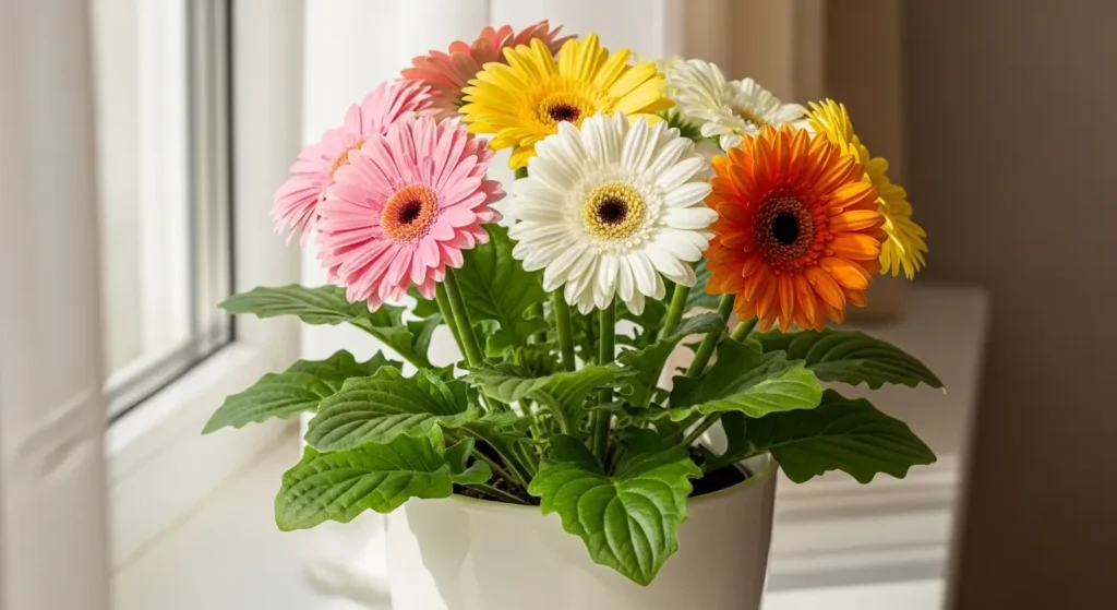 Pink, yellow, orange and white gerbera daisies in a white pot on a sunny windowsill indoor gerbera daisy care