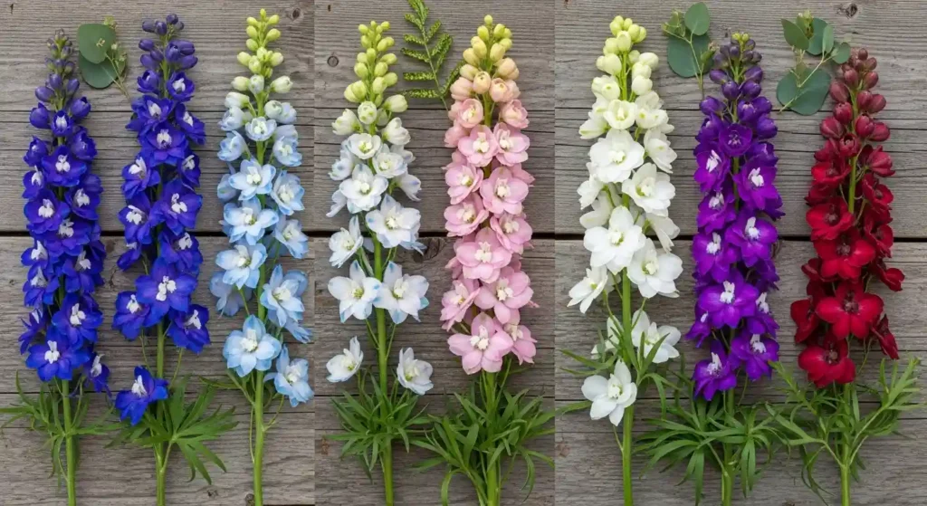 Different varieties of july birth flower larkspur including blue, pink, white and bicolor spikes displayed together