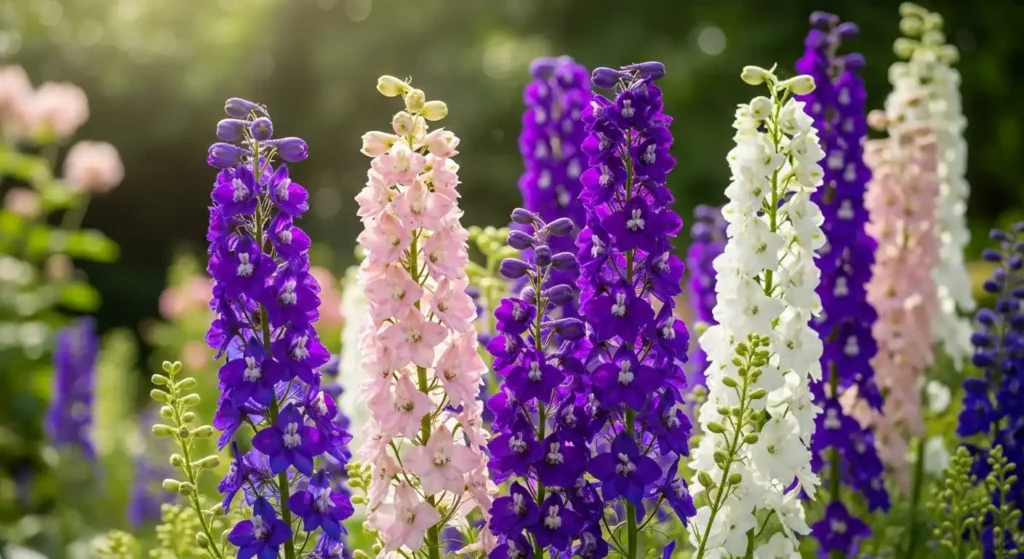 July birth flower larkspur with tall violet and pink spikes blooming in a sunny cottage garden