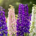 July birth flower larkspur with tall violet and pink spikes blooming in a sunny cottage garden