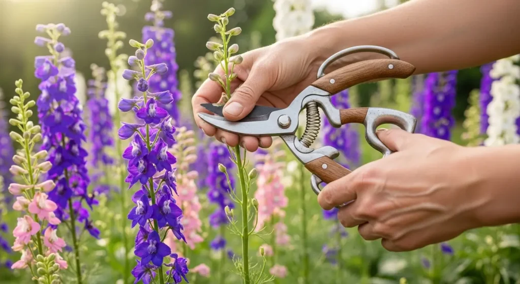 Gardener pruning july birth flower larkspur spikes with garden shears to encourage more blooms