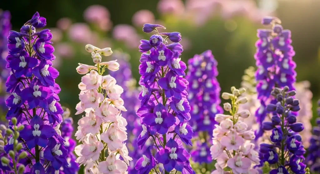 Larkspur seedlings being carefully transplanted into a sunny garden bed with rich well-draining soil