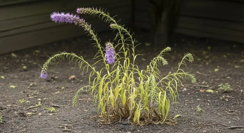 Blazing star plant showing poor and sparse blooms with leggy weak stems due to insufficient sunlight in garden