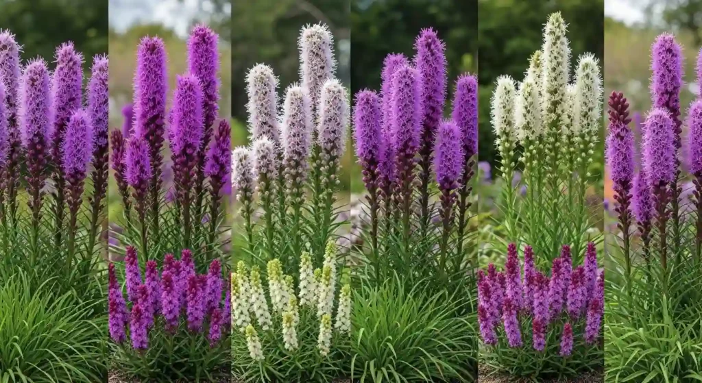 Different types of liatris blazing star varieties showing purple, lavender and white flower spikes in a garden