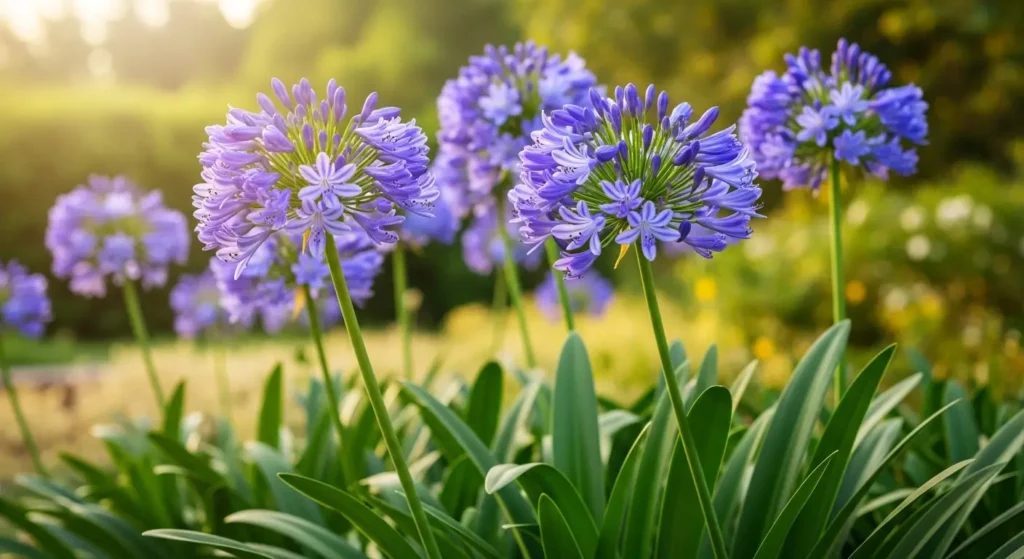 Lily of the Nile (Agapanthus africanus) in full bloom with vivid blue-purple flower clusters in a sunny garden