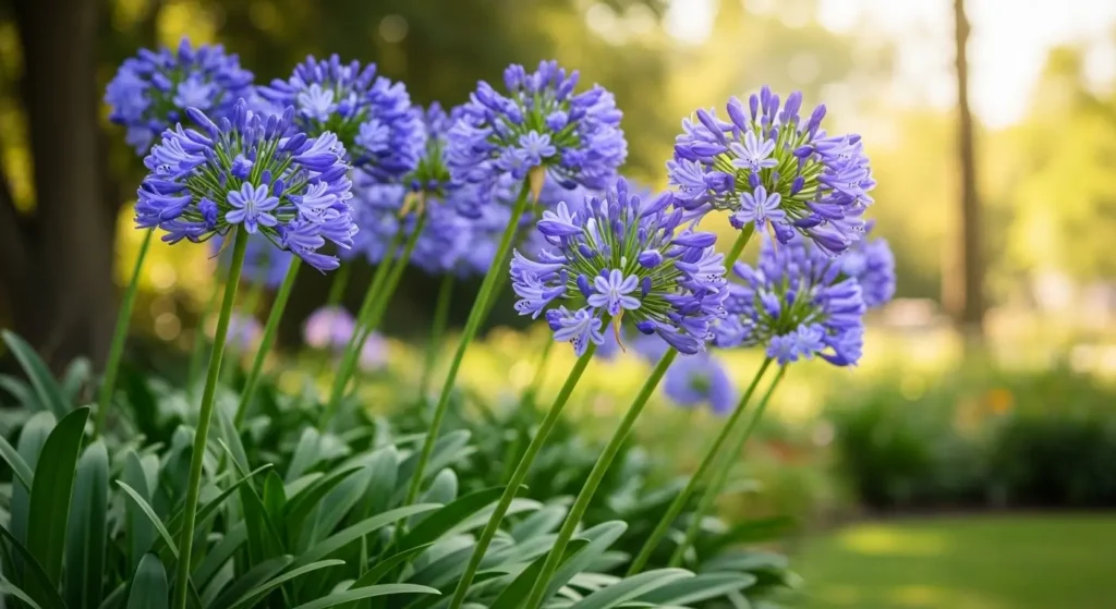 Lily of the Nile blue-purple flower clusters blooming on tall stems in a sunny outdoor garden