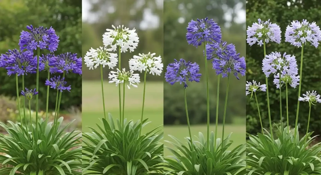 Different types and varieties of lily of the Nile (Agapanthus) showing blue, white and purple flower cultivars side by side