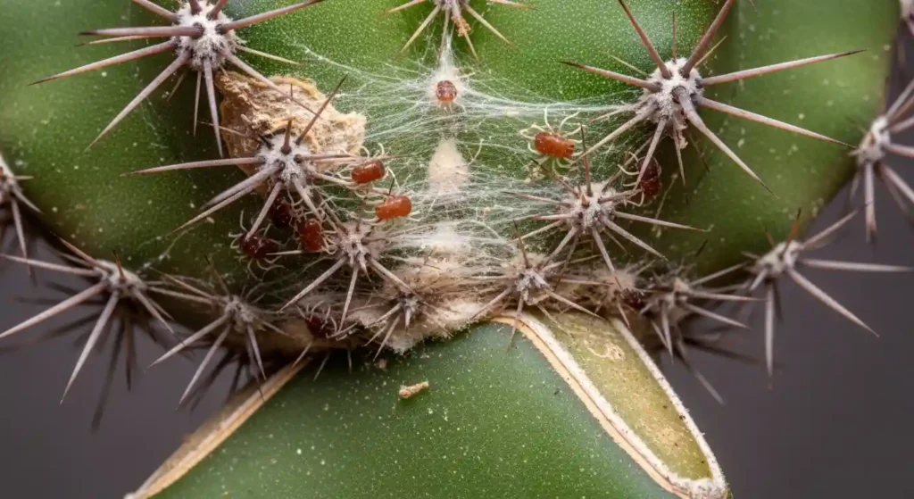 Tiny spider mites and fine white webbing visible on a green cactus base between the spines