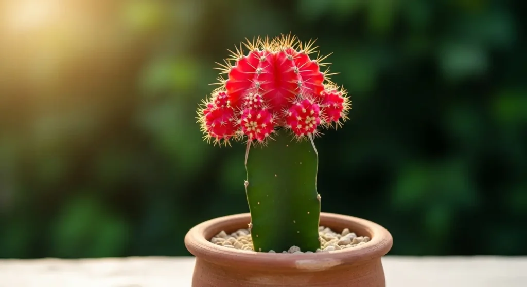Moon cactus care — large vivid pink Gymnocalycium mihanovichii grafted on a tall green cactus base in a terracotta pot