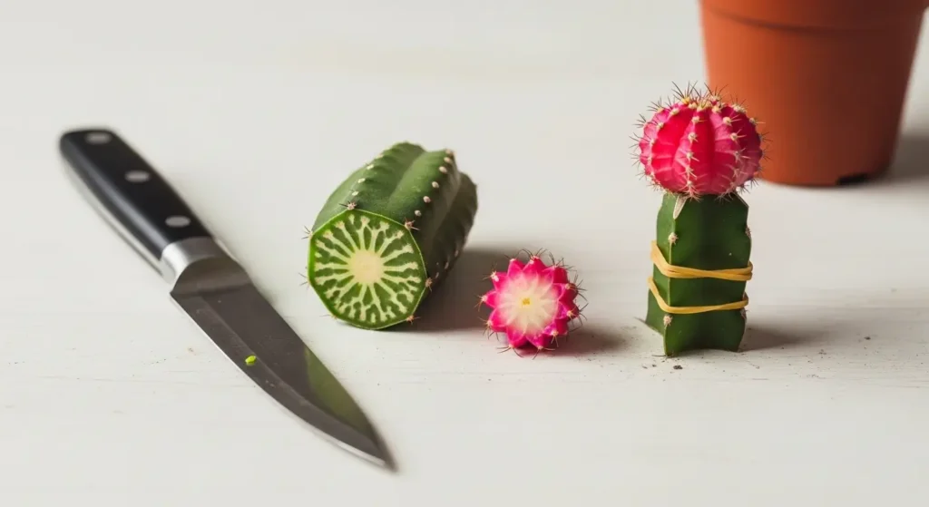 Moon cactus grafting process — cutting and joining Gymnocalycium mihanovichii scion onto a green Hylocereus rootstock