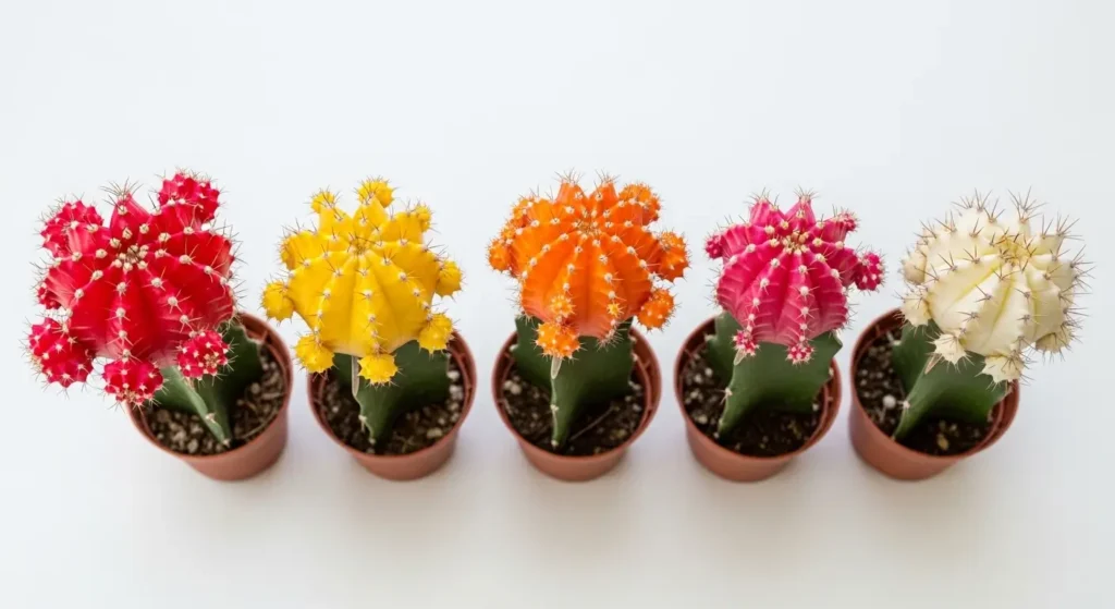 Five moon cactus varieties — red, yellow, orange, pink and white Gymnocalycium mihanovichii in terracotta pots