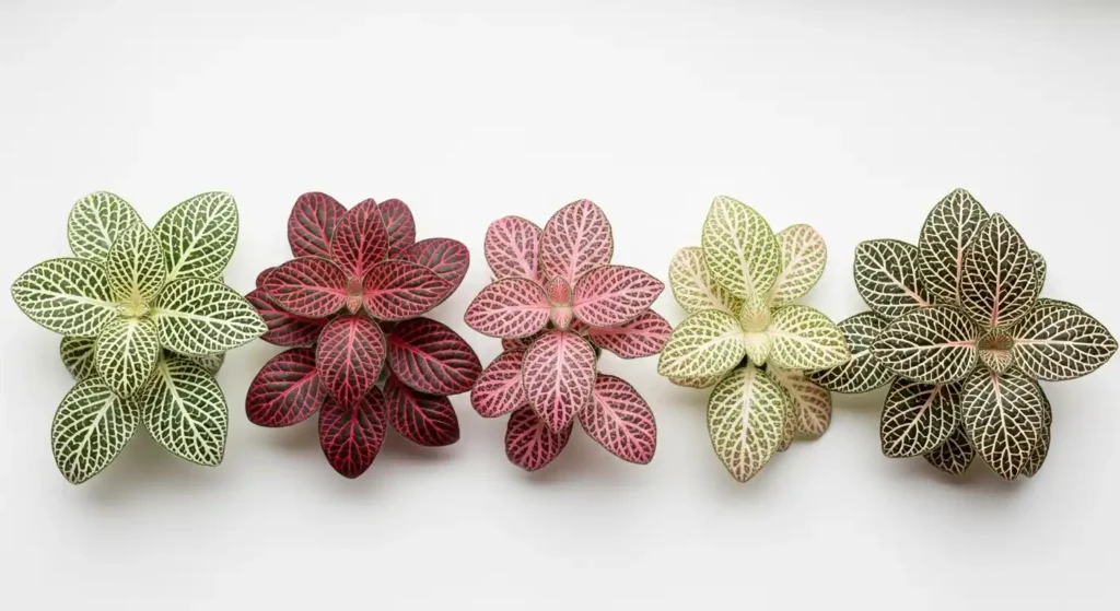 Different types of nerve plants — five Fittonia albivenis varieties with white, red, pink, and lace-patterned leaf veins