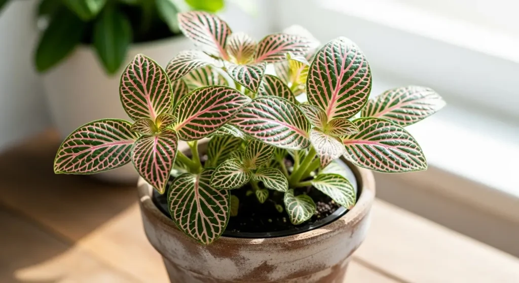 Nerve plant care close-up of Fittonia albivenis with white and pink veined leaves in a terracotta pot