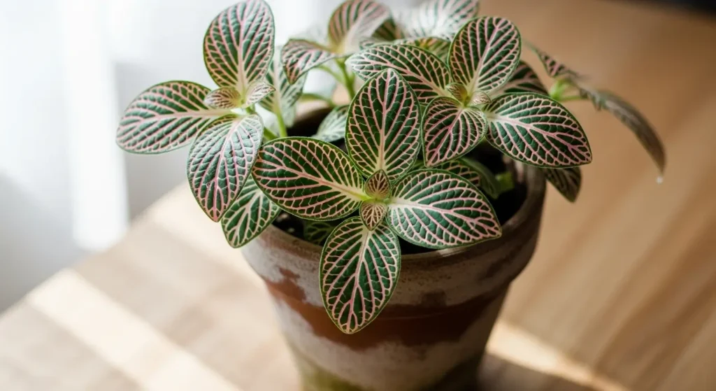 Nerve plant care top-down view of Fittonia albivenis with white veined leaves in a white ceramic pot on marble