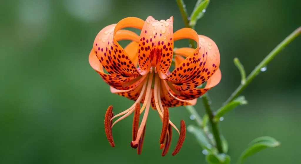 Tiger lily plants in full bloom growing in an outdoor garden border with vivid orange-red spotted flowers