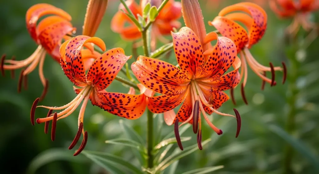 Close-up of tiger lily flowers with vivid orange-red petals and dark purple-black spots blooming in a sunny garden