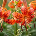 Close-up of tiger lily flowers with vivid orange-red petals and dark purple-black spots blooming in a sunny garden