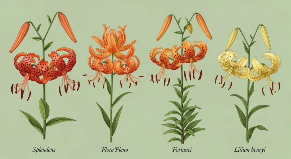 Four tiger lily varieties side by side — Flore Pleno, Splendens, Fortunei, and yellow Lilium henryi in bloom