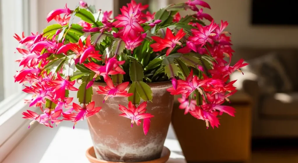 Zygocactus plants with pink and red blooms on a sunny windowsill