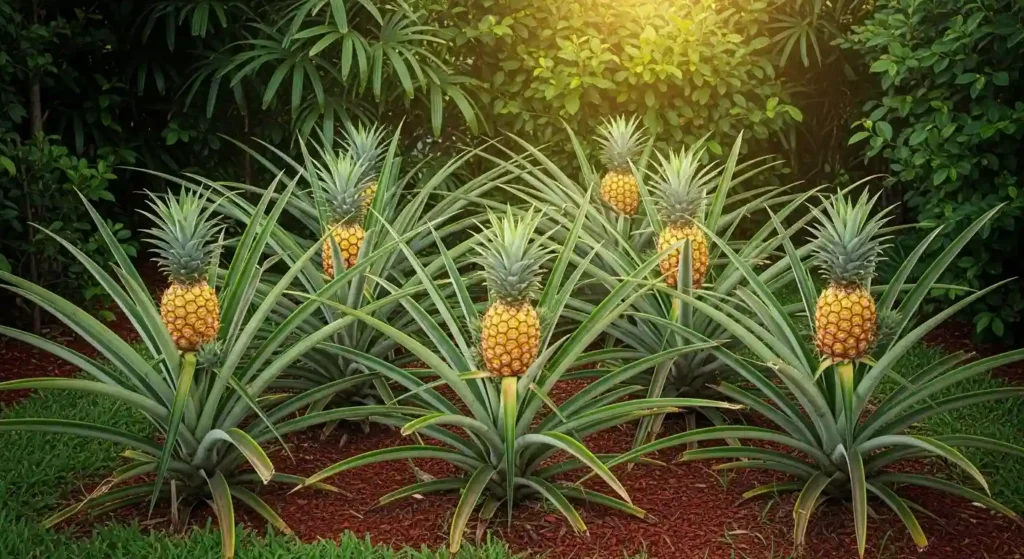 Small outdoor garden with multiple ananas fruit trees planted in rows showing ripe golden pineapple fruits at various growth stages