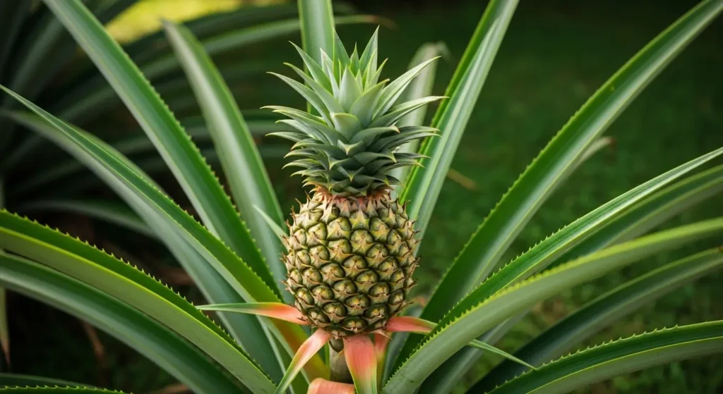 Ripe golden pineapple fruit growing on a tropical bromeliad plant with lush green sword-shaped leaves in an outdoor garden