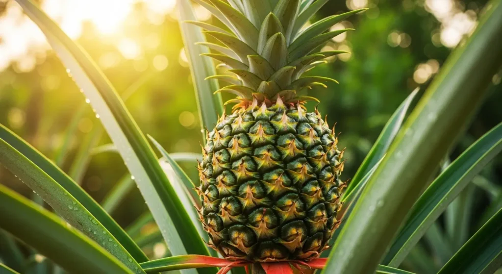 Ananas fruit tree with ripe golden pineapple and sword-shaped leaves growing outdoors in a tropical garden