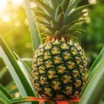 Ananas fruit tree with ripe golden pineapple and sword-shaped leaves growing outdoors in a tropical garden