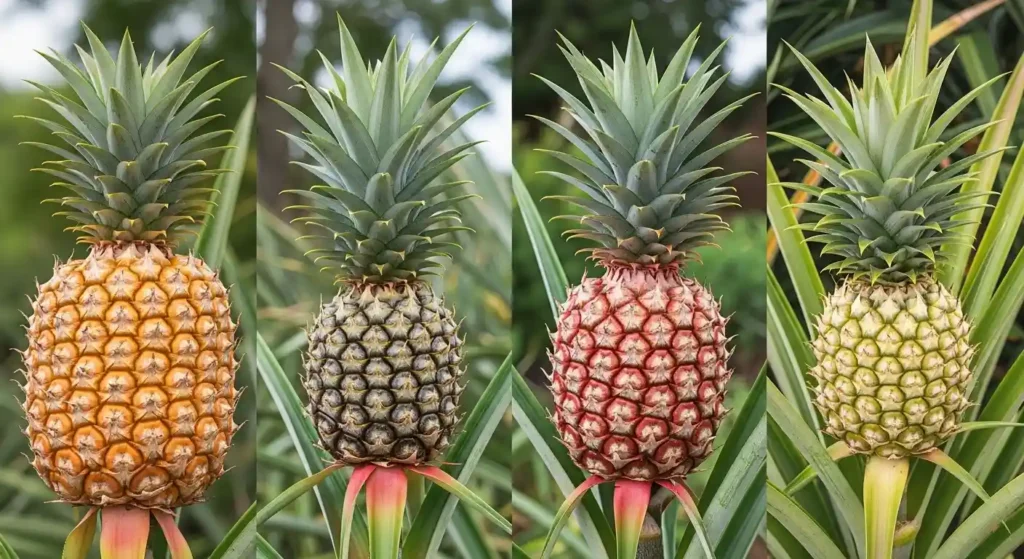 Five types of ananas fruit tree varieties including Smooth Cayenne, Queen, Red Spanish, Sugarloaf and Variegatus displayed side by side