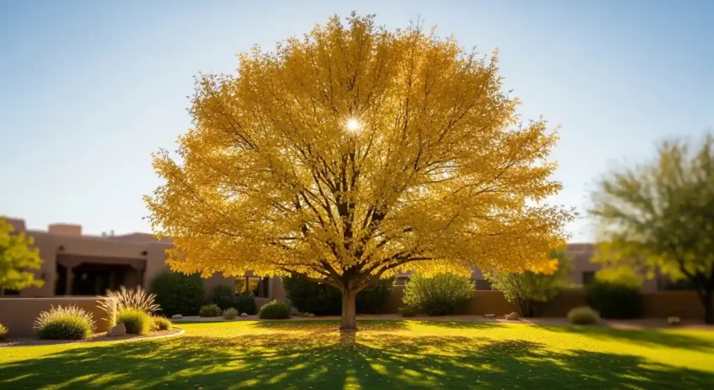 Mature velvet ash tree with golden-yellow fall foliage casting shade in a Southwest backyard