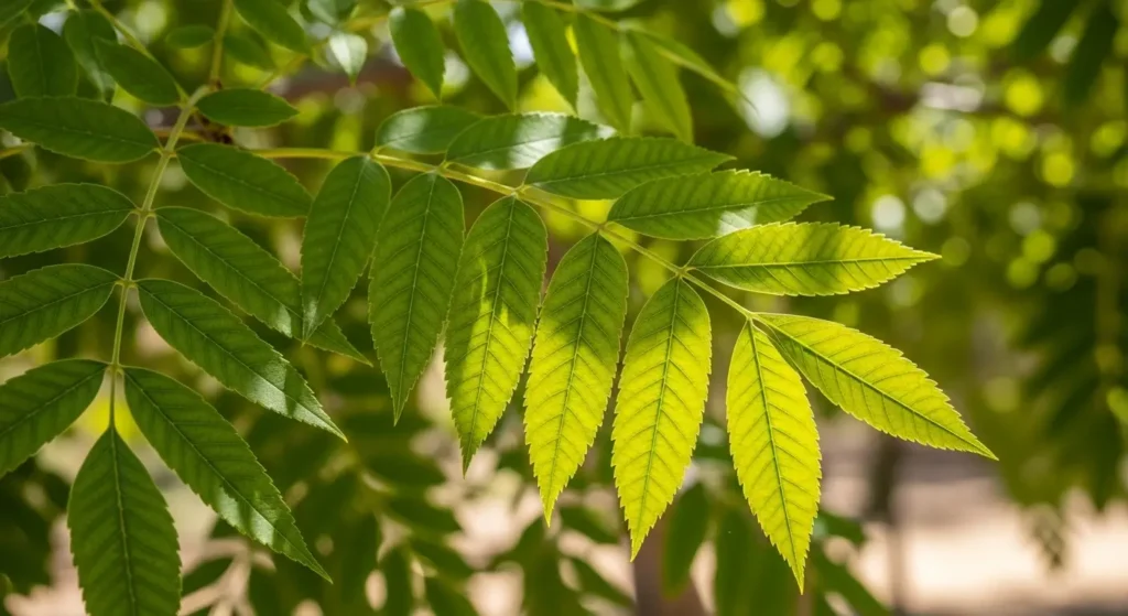 Close-up of bright green compound leaves on an Arizona ash tree branch