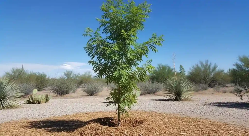 Young Arizona ash tree planted in a sunny desert Southwest garden with mulched base