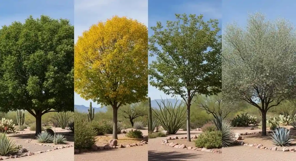 Four Arizona ash tree varieties including Fan-Tex, Modesto, Stribling's and Rio Grande ash in a Southwest landscape
