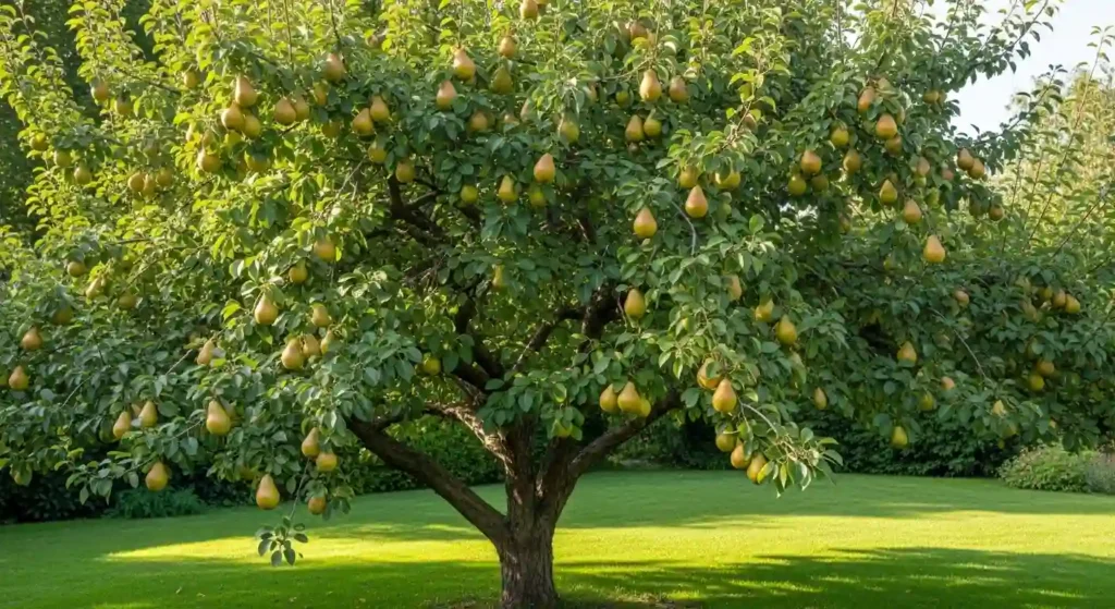Mature Pyrus communis 'Bartlett' loaded with ripe golden-yellow pears in a sunny backyard garden